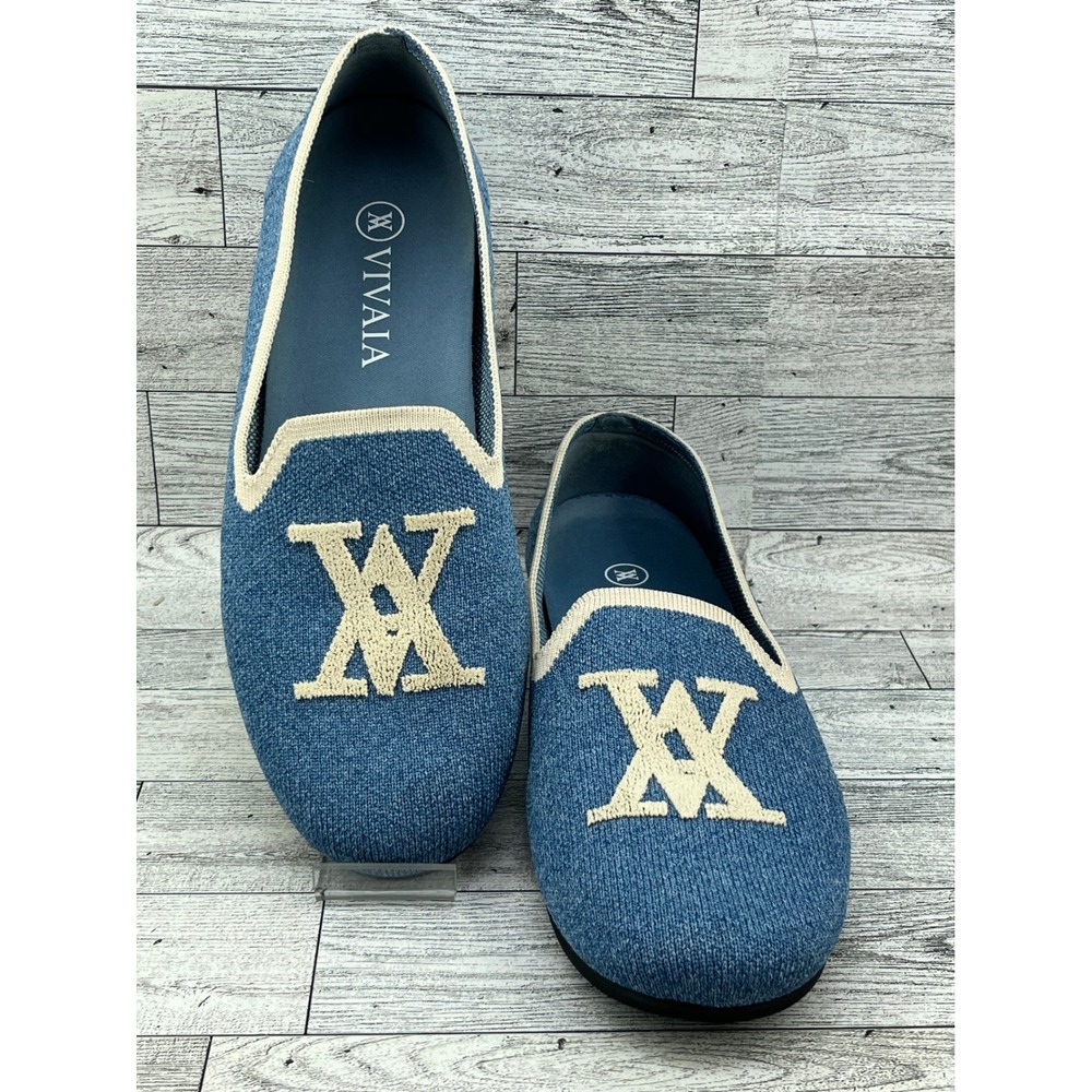 Vivaia Blue Knit Monogram Logo Loafers Flats Cream Trim Women Size EU 40